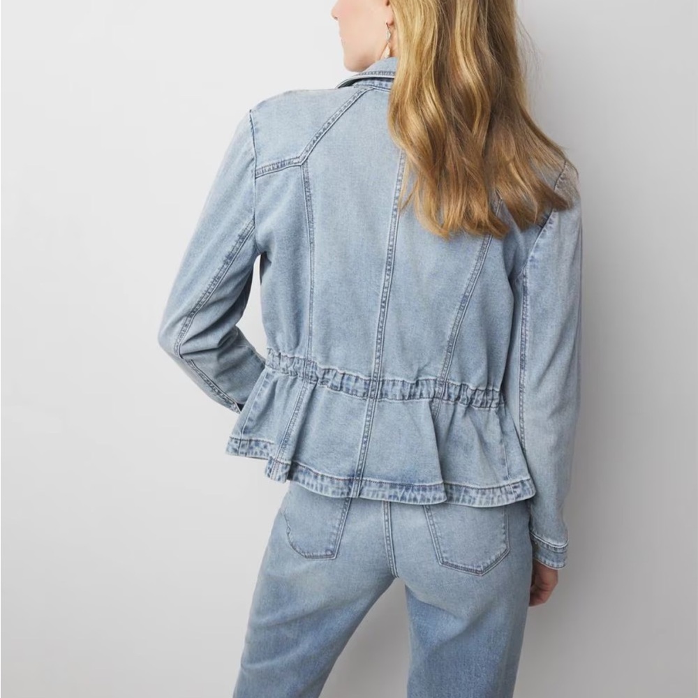 White House Black Market Cinched Waist Denim Jacket Peplum Front Zip Sz L - Picture 3 of 14